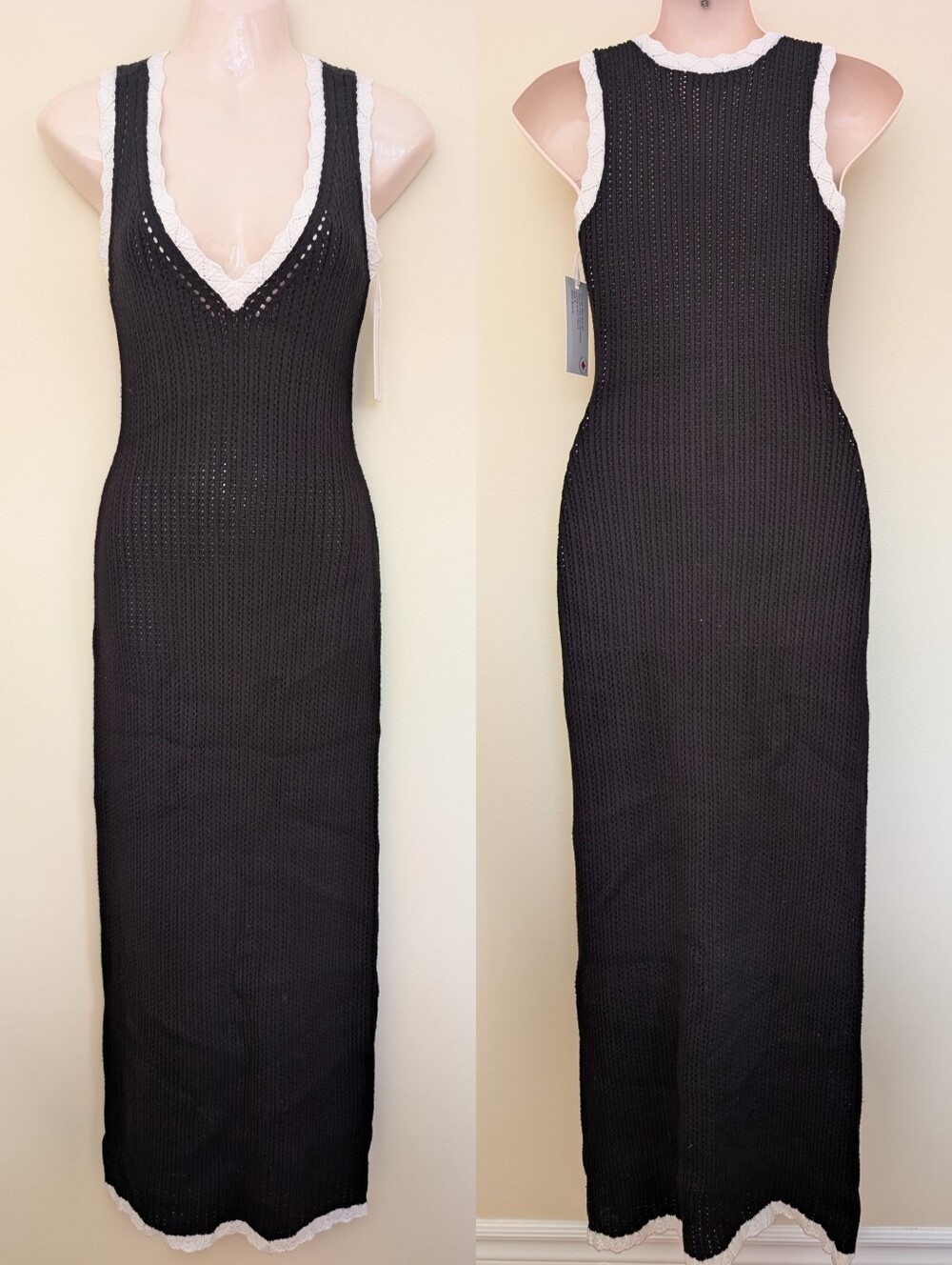 Torn By Ronny Kono paulina Knit Dress Midi Small Black White Trim